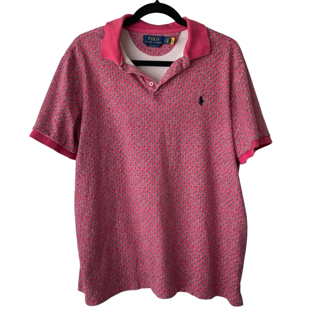 Polo Ralph Lauren Classic Fit Cotton Geometric Preppy Pink Mens Polo Shirt Sz L